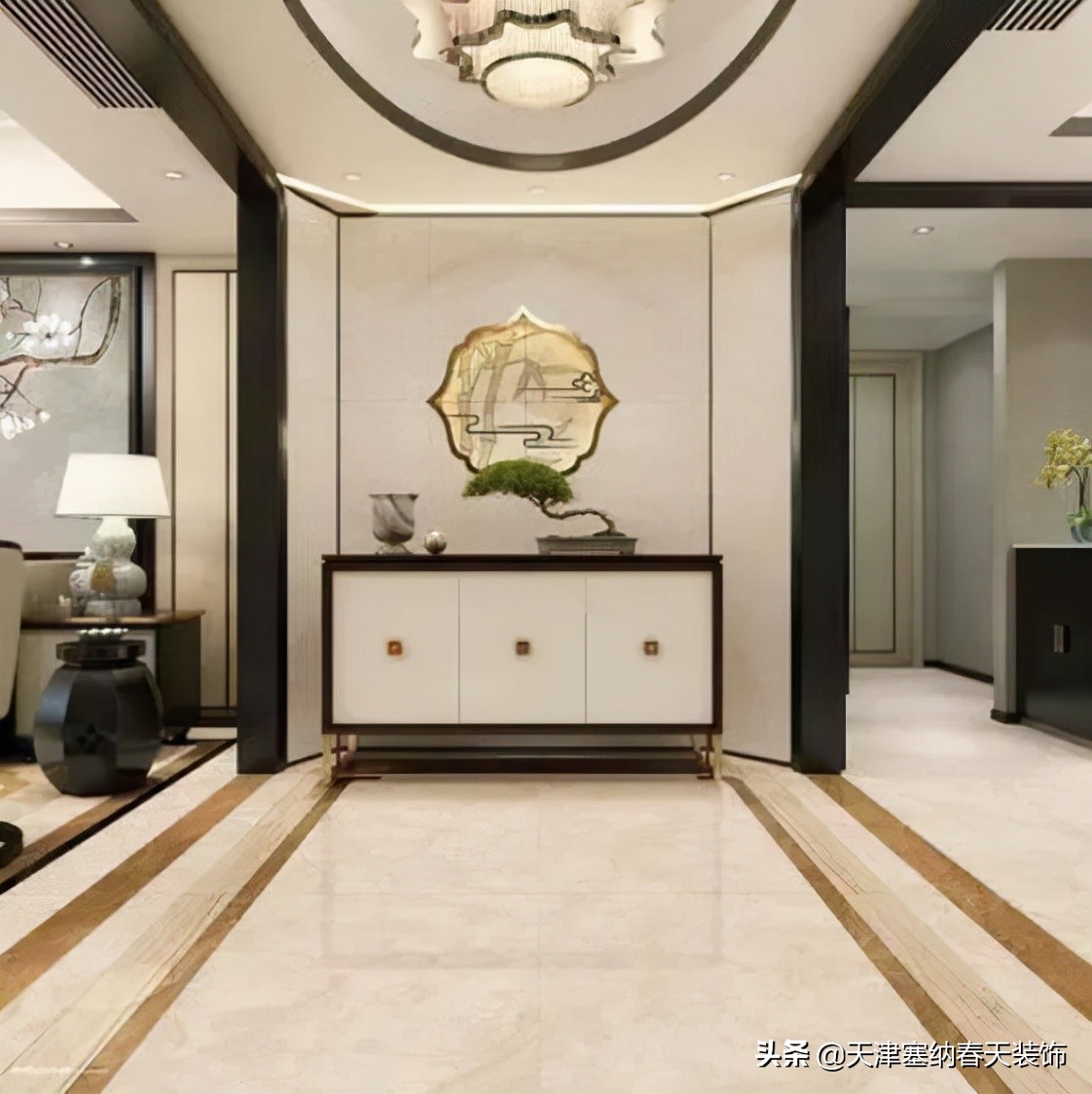 目的是在开敞中求独立地面门厅地面的造型设计,一定要于门厅的天花相