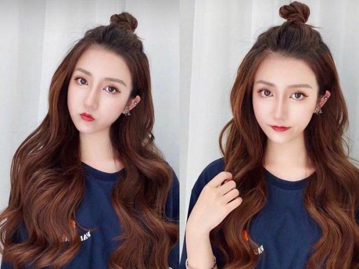 【长发半丸子头】当然啦,半扎丸子头看是简单的扎发,想要好看,丸子不